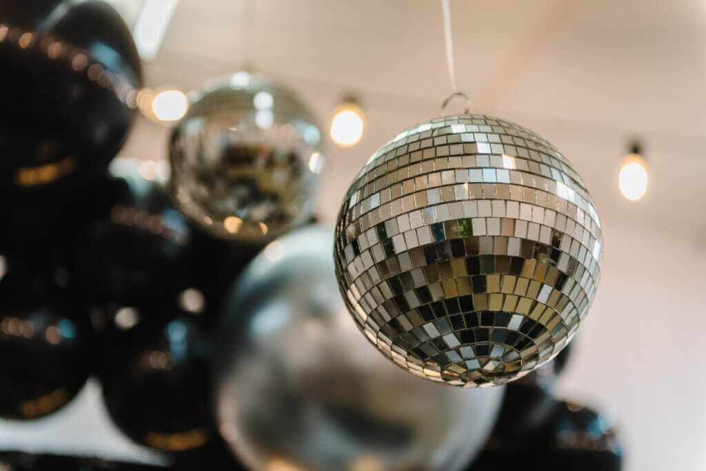 disco ball decor hanging from the ceiling.