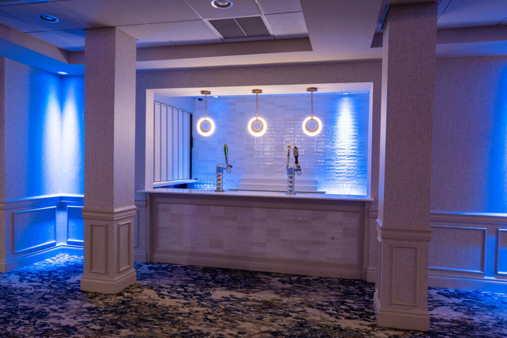 the newly renovated bar inside the ballroom. showcased with blue lighting