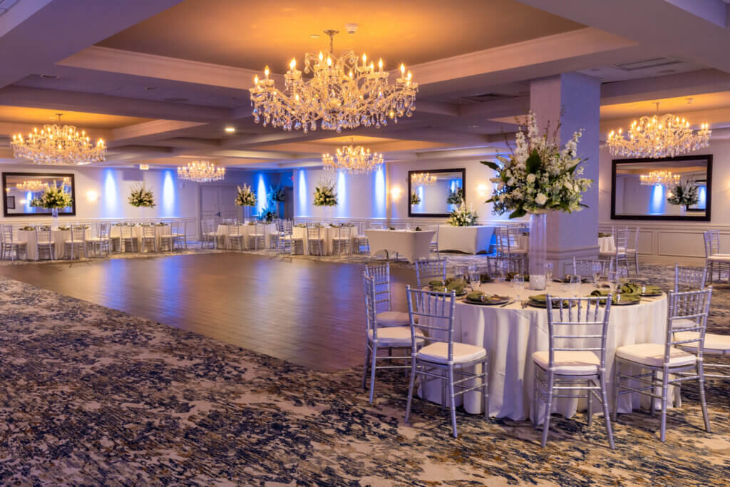 the sterling ballroom set for a wedding with purple lighting