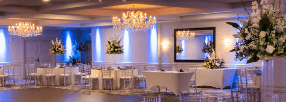 the ballroom set up for a wedding